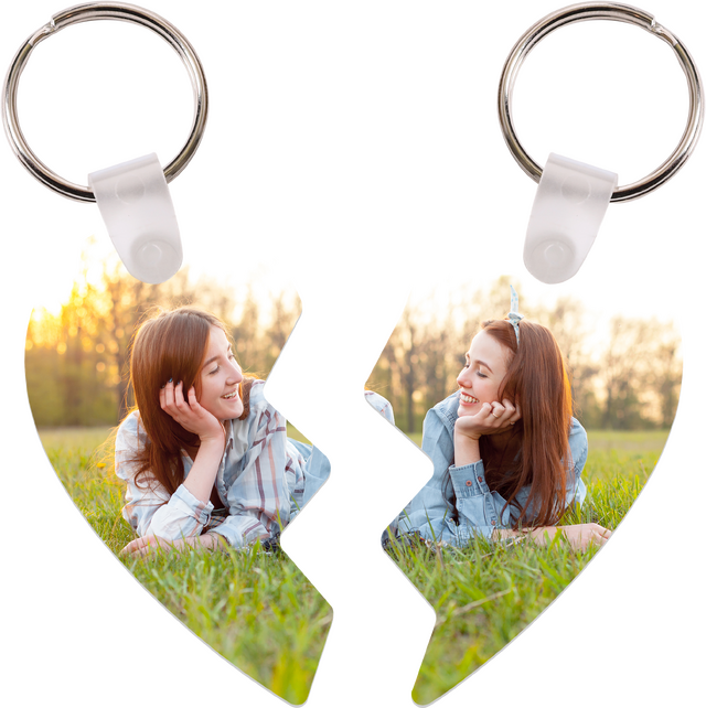 Example usage of Unisub Key Chain - Two Part Heart sublimation blank